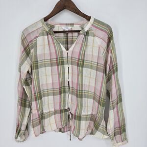 Time And Tru Plaid Linen Blend Cottagecore Peasant Blouse Medium
